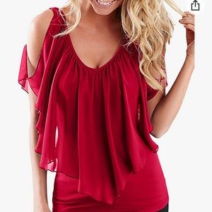 AlvaQ Chiffon Cold Shoulder V Neck Top
